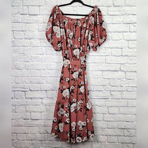 Lapis & Lillies Womens Size Large Off the Shoulder Pink Floral Tiered Midi Dress